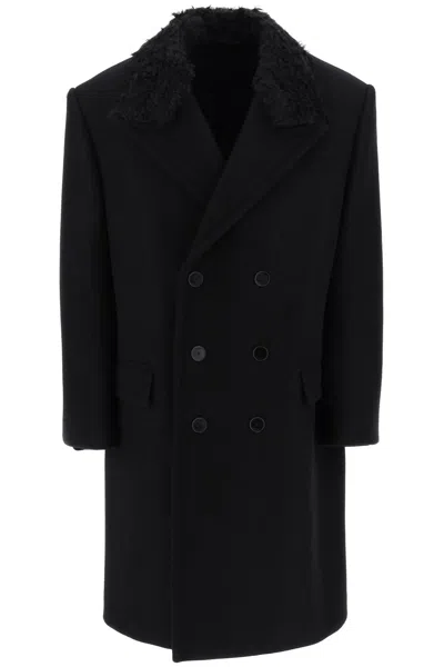 LANVIN MEN'S BLACK WOOL DOUBLE-BREASTED JACKET WITH REMOVABLE MOHAIR COLLAR