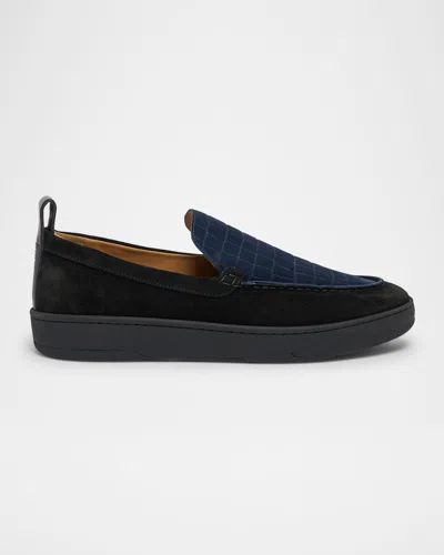Lanvin Men's Croco-embossed Suede Moccasins In Blue