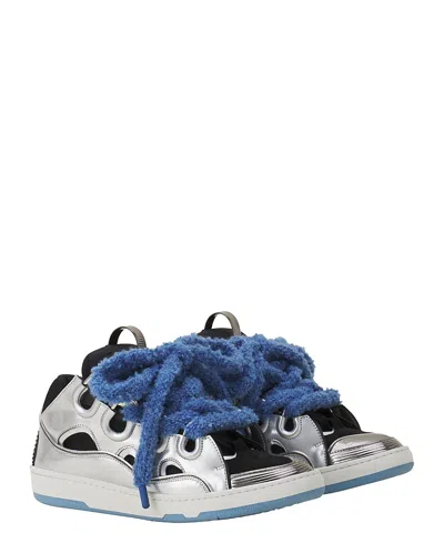 Lanvin Men's Curb Metallic Leather Sneakers With Mesh Laces In Silver