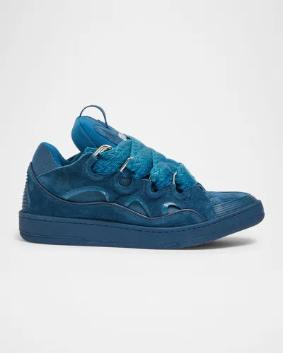 Lanvin Men's Curb Suede Low-top Sneakers In 281 - Petrol Blue