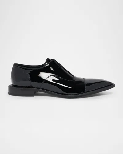 Lanvin Men's Glossy Leather Pointed-toe Oxfords In Black