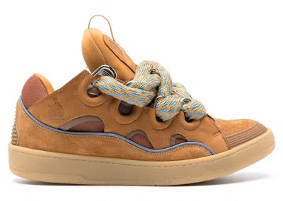 Pre-owned Lanvin Men's  Leather Curb Snake Laces Sneakers In Camel