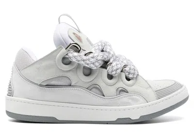 Pre-owned Lanvin Men's  Leather Curb Snake Laces Sneakers In White/grey In Gray