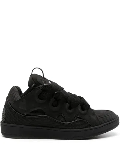 Pre-owned Lanvin Men's  Leather Curb Sneakers In Black