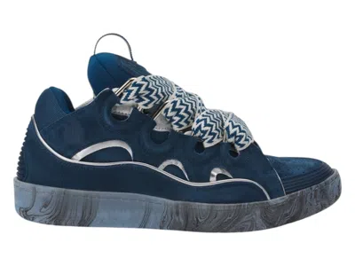 Pre-owned Lanvin Men's  Leather Curb Sneakers In Blue/silver