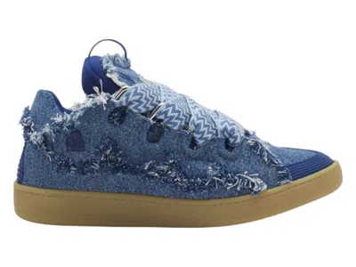 Pre-owned Lanvin Men's  Leather Curb Sneakers In Denim Blue