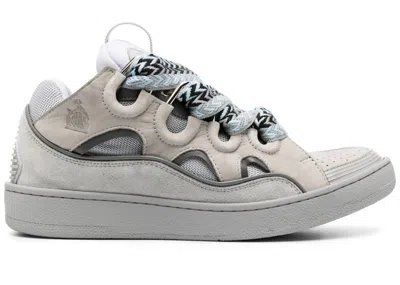 Pre-owned Lanvin Men's  Leather Curb Sneakers In Light Grey/blue