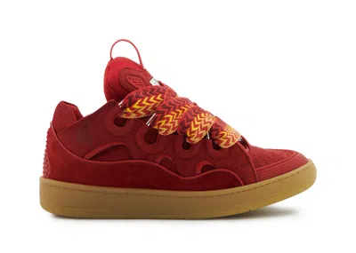 Pre-owned Lanvin Men's  Leather Curb Sneakers In Poppy Red/gum