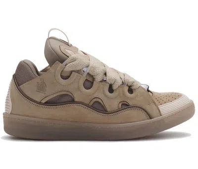Pre-owned Lanvin Men's  Leather Curb Sneakers In Taupe In Brown