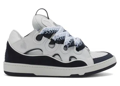 Pre-owned Lanvin Men's  Leather Curb Sneakers In White/navy Blue