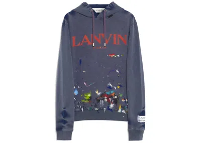 Pre-owned Lanvin Men's  X Gallery Dept. Logo Hoodie With A Worn Effect And Paint Marks In Navy Blue