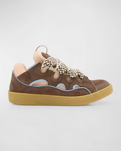 Lanvin Men's Leather Low-top Curb Sneakers In Brown