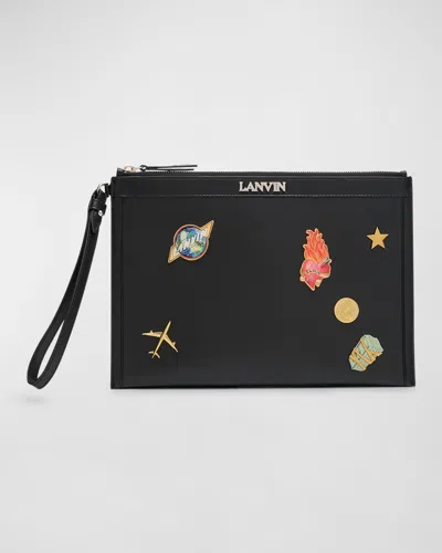 Lanvin Men's Leather Zip Pouch With Studs In Black