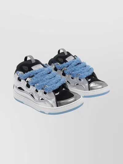 LANVIN METALLIC LEATHER CURB SNEAKERS WITH FUR DETAIL