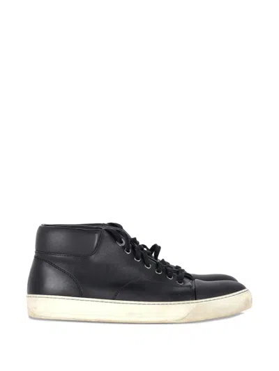 Pre-owned Lanvin Mid-top Leather Sneakers In Black