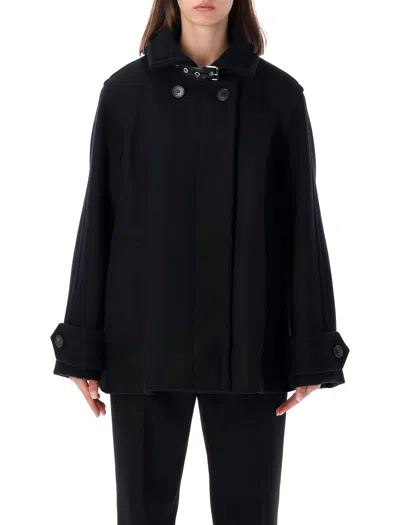 Lanvin Mini Short Wool Jacket With Stand-up Collar And Contrast Vinyl Belt In Nero