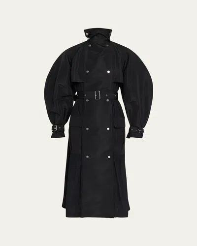Lanvin Mixed-media Belted Long Trench Coat In Black