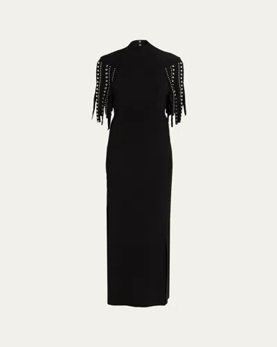 Lanvin Mock-neck Studded Fringe Capelet Maxi Dress In Black