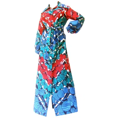 Pre-owned Lanvin Mod 1970s Vibrant Foliage Vine Print Belted Gown In Blue