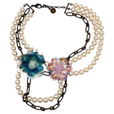 Pre-owned Lanvin Multi-strand Faux Pearl Chain And Rhodoid Flower Necklace