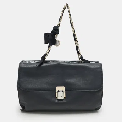 Pre-owned Lanvin Navy Blue Croc Embossed And Leather Flap Shoulder Bag