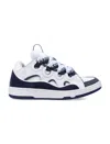 Lanvin Almond Toe Leather Sneakers With Metallic Eyelets In Navy Blue