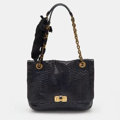 Pre-owned Lanvin Navy Blue Python Happy Flap Shoulder Bag