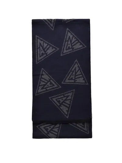 Lanvin Navy Blue Wool Geometric Scarf In Black
