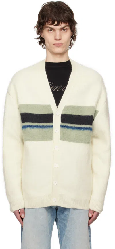 Lanvin Off-white & Green Striped Brushed Mohair Cardigan In Ecru/vertde Gris0241