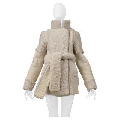 Pre-owned Lanvin Off White Suede & Shearling Coat With Belt