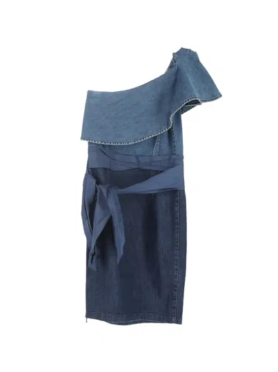 Pre-owned Lanvin One-shoulder Ruffle Mini Dress In Blue