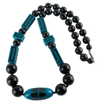 Pre-owned Lanvin Paris Architectural Modernist Necklace In Blue Galalith And Black Lucite