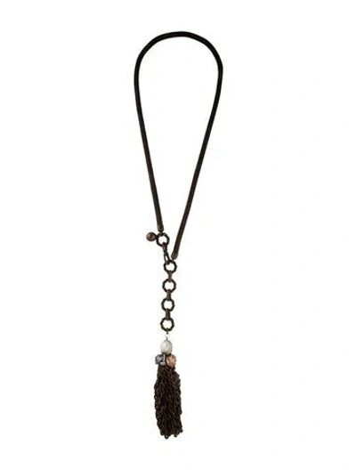 Pre-owned Lanvin Paris Faux Pearl & Crystal Lavalier Necklace, 38" In Grey/orange/white