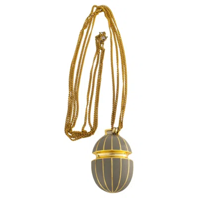 Pre-owned Lanvin Paris Modernist Gilt Metal Necklace With Taupe Enamel Pendant In Brown