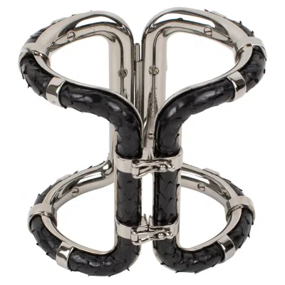 Pre-owned Lanvin Paris Python Leather And Silvered Steel Clamper Bracelet In Multi