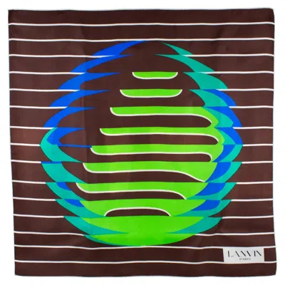 Pre-owned Lanvin Paris Silk Scarf Geometric Print In Cocoa Brown And Green, C1970