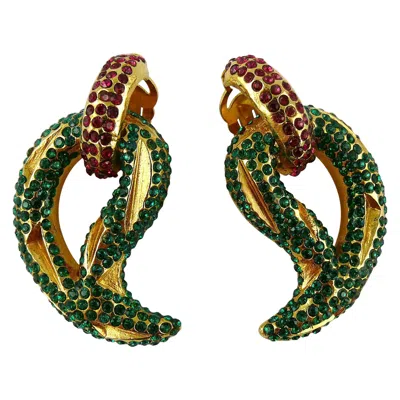 Pre-owned Lanvin Paris Vintage Jewelled Gold Toned Clip-on Earrings In Black