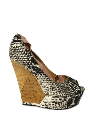 Pre-owned Lanvin Peep-toe Ribbon Wedge Sandals In Black