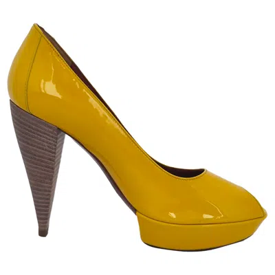 Pre-owned Lanvin Peep-toe Platform Pumps In Yellow Patent Leather