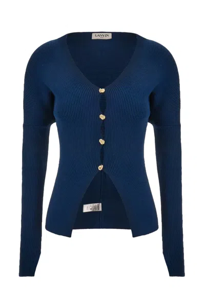 LANVIN PETROL BLUE IN STRETCH WOOL BLEND CARDIGAN