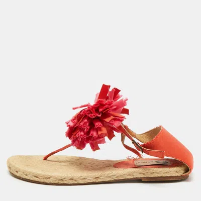 Pre-owned Lanvin Pink Satin Flower Bow Thong Espadrille Flat Sandals Size 39