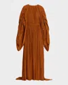 Lanvin Crinkled Satin Ruched Sleeve Gown In Brown