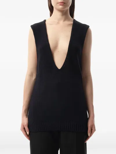 Lanvin Plunging V-neck Ribbed-trim Sweater In Black