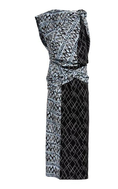 Lanvin Printed Draped Silk Midi Dress In Gray