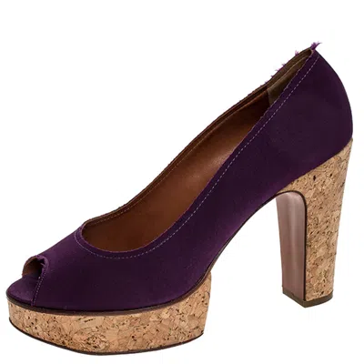 Lanvin Purple Canvas Peep Toe Platform Pumps In Brown