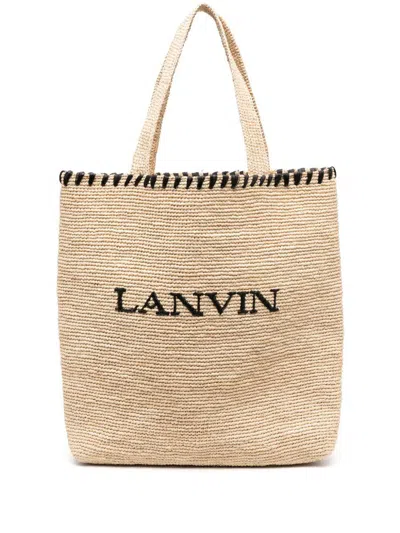 Lanvin Raffia Embroidered Logo Shopping Bag In Naturale E Nero
