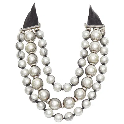 Pre-owned Lanvin Rare  Black Strand Wrapped Faux Pearl Crystal Ribbon Tie Necklace