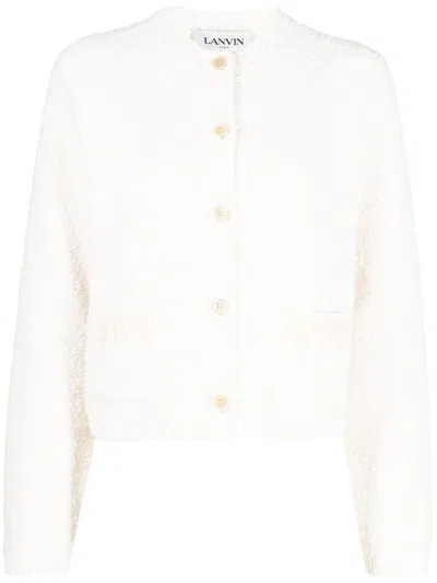 Lanvin Rd Nk Ls Embroidered Cardi In Beige