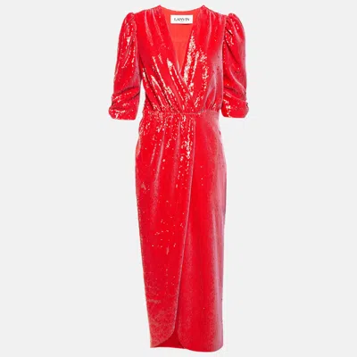 Lanvin Red Sequins Quarter Sleeve Zip Up Midi Dress