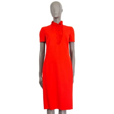 Pre-owned Lanvin Red Wool Ruffled Neck Short Slleve Dress 38 S